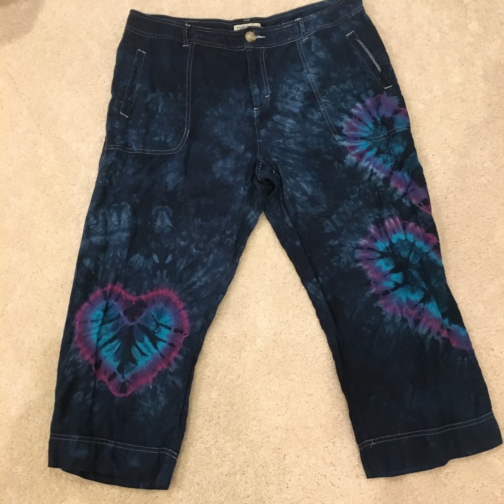 Tie Dyed Cherokee sz 16 Capri linen Navy w/Hearts